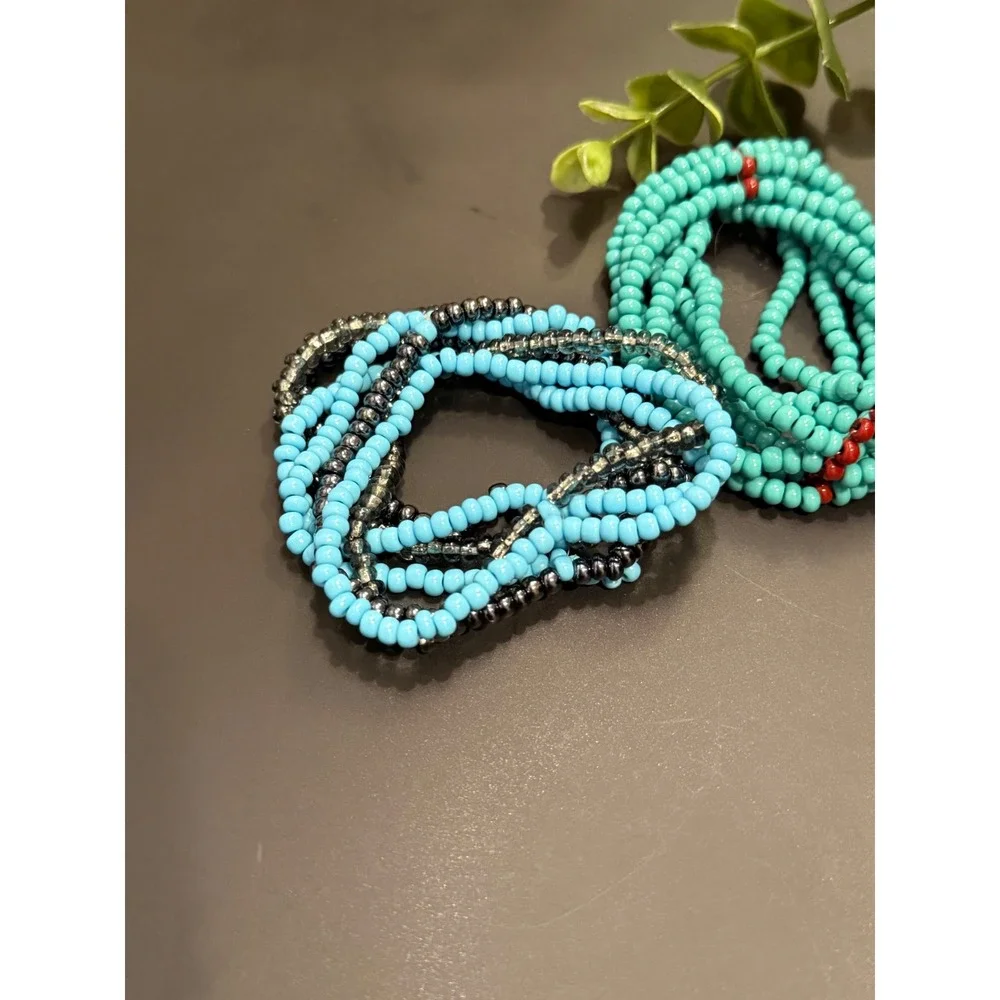 Boho Seed Bead Stretch Bracelet Set Turquoise Blue Gunmetal Metallic Stackable